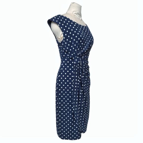 CONNECTED Petite Navy Polka Dot Dress Size 12 Cap Sleeves Stretch Knit Pleated - Picture 2 of 11